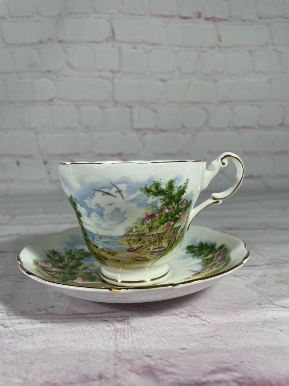 Vintage Regency English Coastal Village Bone China Footed Teacup and Saucer Set - Picture 2 of 11